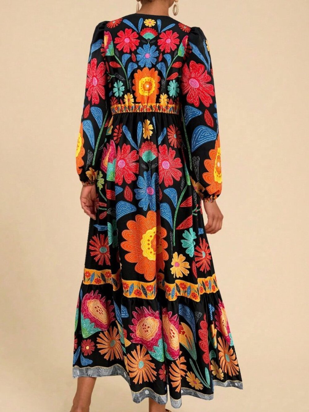 Black Boho Women's Floral Tie-Up Long Sleeve Dress - Picture 2 of 6